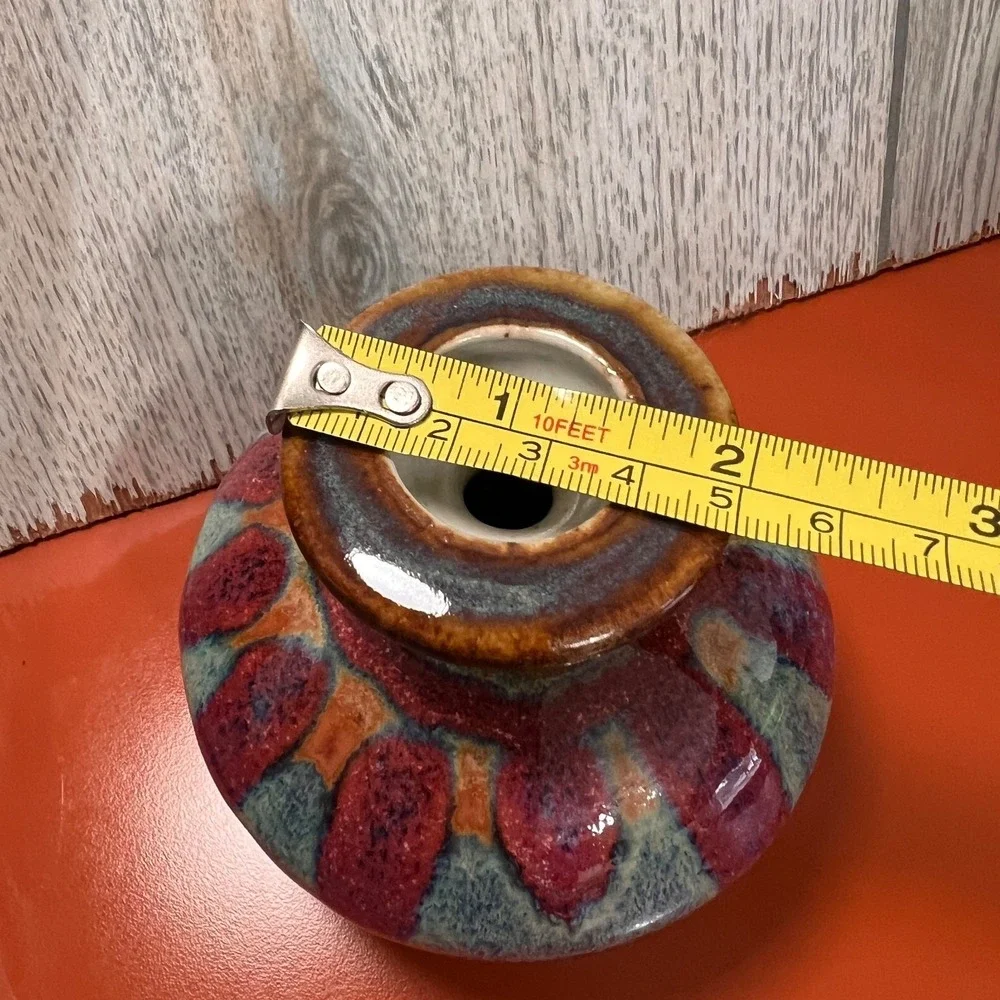 Quality‎ small pottery vase blues and pinks and teals, signed Vintage